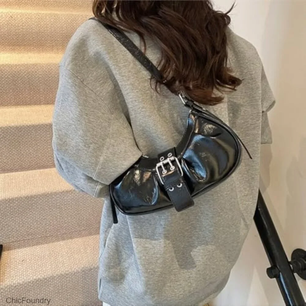 Y2K PU Leather Hobo Shoulder Bag Small Clutch Top Handle Purse